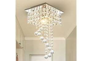 Finktonglan Lustre moderne en cristal – Plafonnier carré 20×20×35 cm, lampe suspendue élégante en acier inoxydable pour salon, chambre, salle à manger, couloir, E27 max 60W