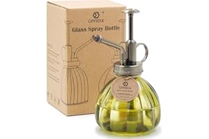 OFFIDIX Glass Watering Spray Bottle, 6.3Inch Tall Vintage Style Spritzer with Bronze Plastic Top Pump Flower Watering Can for Home or Office (Olive Green)