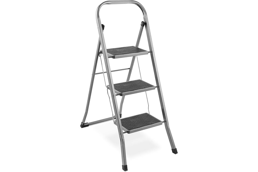 VonHaus 3 Step Ladder – Premium Quality Folding Step Ladder for DIY and Gardening - Anti Slip Feet, Easy to Store Ladder, 150KG Max Capacity - Durable Steel