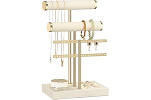 Josmimic Organisateur de Bijoux à 3 Niveaux - Porte-Bijoux Beige - Support de Bijoux Amovible en T - Porte-Bracelets en Velours - Porte-Bijoux pour Bracelets, Colliers, Montres, Bagues