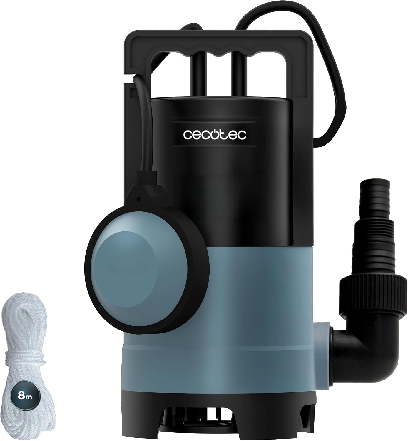 Cecotec Bomba de Aguas Sucias Axike 400 Dark. 400W, Caudal hasta 8000L/h, Altura Máx 5,5m, Profundidad 7m, Partículas hasta 25mm, Interruptor Flotante, IPX8, Cable 10m y Cuerda de Nylon 8m