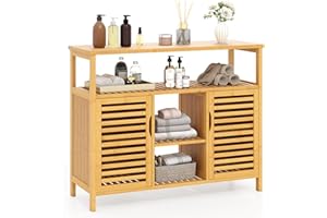 COSTWAY Szafka łazienkowa z bambusa, regał łazienkowy z 2 drzwiami lamelowymi i otwartymi półkami, wolnostojąca szafka do przechowywania, szafka łazienkowa do łazienki, kuchni i jadalni, 100 x 35 x 80