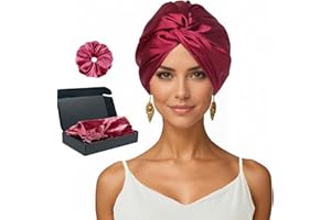 EXGOING Adjustable Silk Bonnet for Sleeping Women & Men | Silk Hair Wrap Sleep Cap Prevents Frizz & Hair Breakage | Hair Bonnet for Curly, Long & Natural Hair with Scrunchie Gift Box (Burgundy)