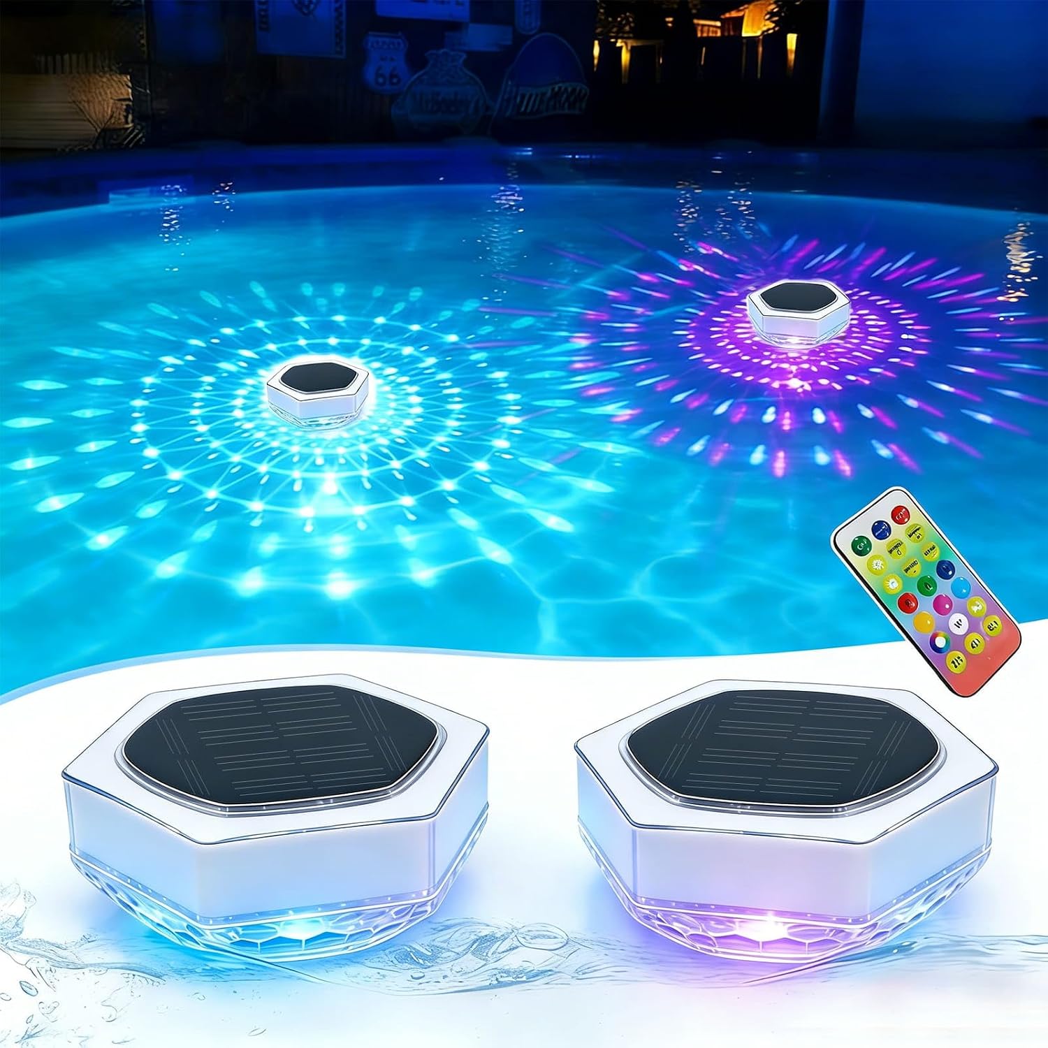 Dekofun 2 Pieza Luces Flotantes Piscina Solares, Luz Solar Piscina LED con Control Remoto, RGB 7 Colores, Temporizador, IP68 Impermeable Luz piscinas Sumergible sin Cable para Bañera Jardín Florero