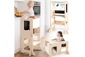 Woodure Klappbar Montessori Lernturm ab 1 Jahr, 4 in 1 Montessori Learning Tower für Kinder mit Rausfallschutz, Lernturm mit Kreidetafel und Whiteboard, Geschenk für Jungen und Mädchen 1-3 Jahre alt