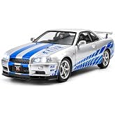 Mashes 1:32 Nissan GTR Skyline R34 Diecast Car Models Toys Metal Alloy Openable Door and Sound & Light, Pull Back Toys Gifts 