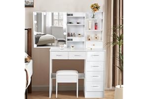 LIANWANG Vanity Desk Large Tabletop Multiple Storage Drawers & Display and Hidden Shelves, Makeup Vanity Set with Lighted Mirror, Dressing Cosmetic Table for Girls