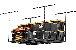 Jowkou Garage Ceiling Storage Rack, 3x4ft Overhead Storage System, Heavy-Duty Steel Hanging Rack Holds 180kg for Garage Organisation, Adjustable Loft Shelving, Easy DIY Install, Black