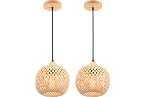 LIGKIN 2 Piezas Lámpara Colgante de Bambú Tejido Lámpara de Techo Bohemio E27 Pantalla de Bambú Lampara Techo Ratán Vintage Decorativa para Dormitorio, Salone, Cocina, Cafetería