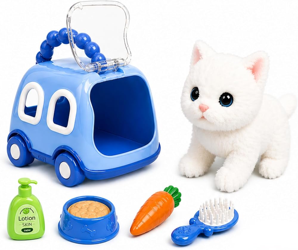 Oyuncak Sesli Işıklı Yürüyen Hareketli Köpek Kedi Tavşan Taşıma Çantalı Aksesuarlı Set Taşınabilir Çanta Emekleme Oyuncağı Aksesuarlı Çocuklar İçin Eğitici Hayvan Sevgisi (Mavi-Kedi)