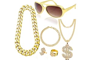 HEAWAA 6Pcs Hip Hop Costume Set, Rapper Hippie Accessories with Golden Chain Necklace Disco Dollar Sign Rings Retro Sunglasses Bracelet Fancy Dress for Women Men 80s 90s Carnival Party Supplies