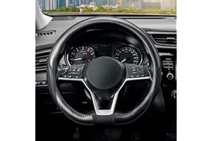 SEG Direct Couvre Volant de Voiture en Forme de D 37-39 cm, Housse de Volant à Fond Plat en Fibre de Carbone, Cuir Microfibre, Noir avec Fibre de Carbone