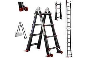 TEENO Scala in Alluminio Rampa Multiuso 4 M, Scala Pieghevole 4x4 Gradini con Rimovibile Ruote e Base Rinforzata Triangolare, Sistema di Accesso Estensibile, Telescopico da Salita, Carico 150KG, Nero