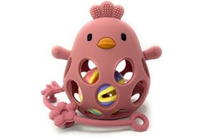 MÜVI - Mordedor bebé sensorial con sonajero y cadena, Mordedor de dentición +3 meses, Silicona alimentaria, suave y sin BPA, Fácil de agarrar y morder, Alivio para encías - Teether (Rosa)