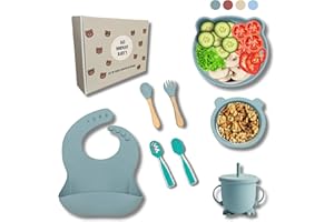 AGS NORMANT Vajilla Infantil - Vajilla Bebe Silicona - Plato Bebe con Ventosa - Cubiertos y Vaso Aprendizaje - Sin BPA - 8 Piezas