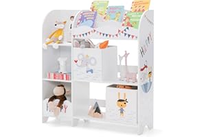 HOMASIS 3-stöckiger Kinderregal, freistehender Kinderspielzeugregal Bücherregal, Aufbewahrung für Spielzeug & Bücher, Spielzeug-Organizer mit 5 Fächern & 2 Aufbewahrungsboxen (Tier Piraten)