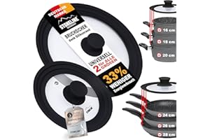 STONELINE Set de 2 Couvercles Universels en Verre pour Poêles Casseroles Faitouts de 16/18/20 cm et 24/26/28 cm, Bord en Silicone, Couvercle Universel Résistant à la Chaleur, 6 Tailles, Noir