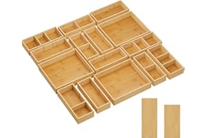 LIFEWIT ifewit Lot de 15 Organiseurs Tiroirs avec 18 Inserts, Boite Rangement Réglable avec 33 Compartiments, Séparateur Tiroir en Bois pour Ustensiles de Cuisine, Maquillage, Bijoux, Bureau, Salle de Bain