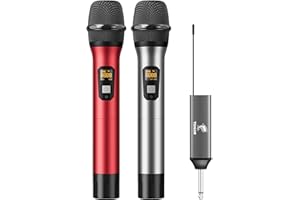 TONOR Mikrofon Bezprzewodowy, Podwójny Metalowy Mikrofon Dynamiczny UHF z Ladowalnym Odbiornikiem, do Spiewania Karaoke, Domowego KTV, Wesela, DJ-a, Imprezy, 60 m (TW630), Srebrny-Czerwony