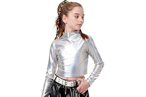 LOLANTA Girls Metallic Cropped Top Half Turtleneck, Sparkly Shiny Dance Shirt for Hip Hop, Disco, Stage & Party Wear