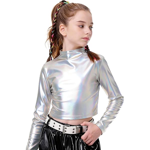 YEAHDOR Enfant Fille Haut de Danse Métallique Crop Top Hip-hop Jazz Moderne T-Shirt Col Ronde Manches Courtes Veste Gilet de Gymnastique Costume Spectacle 2-16 Ans Bleu 2-3 Ans