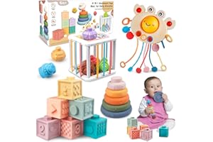 PLUNACK Giocattoli Montessori per Neonato, 4 in 1Giocattoli Blocks Impilabili per Bambini, Giocattolo Pull Strings, Giocattolo Cubo Attività per Bambini Sensoriali di Forme,Regalo per Bambino 1 2 3 Anni