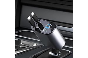 Aimtel Caricatore da Auto Retrattile,Caricatore Rapido da Auto 60W, 2 Cavi Retrattili per iPhone e Adattatore per Caricatore da Auto a 2 porte USB compatibile con iPhone 14/13/12/11 Pro Max/iPad