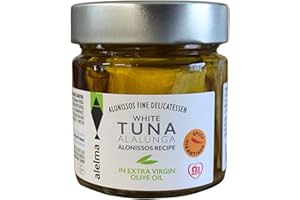 ALELMA ALONISSOS FINE DELICATESSEN Alelma Würziger Weißer Alalunga Thunfisch in extra nativem Olivenöl aus Alonissos Insel Griechenland, 212 g – Quecksilberfrei – Ohne Schwermetalle - Ohne Zuckerzusatz - Ohne Konservierungsstoffe