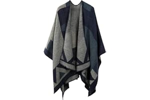 OOPOR Zimowy szal owijany ponczo peleryna - damski ciepły otwarty przód nadruk dwustronny koc oversize kardigan modny elegancki dzianinowy jesienny wełniany sweter w kratę polarowy szalik płaszcz