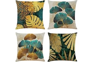 BCKAKQA 4 Pack Cushion Covers 60cm x 60cm Green Gold Leaves Throw Pillow Covers 24 x 24 inch Linen Square Throw Pillow Case for Living Room Sofa Couch Bed Pillowcases