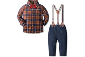 Yilaku 4 pièces Costume garçon Ensemble Chemise à Carreaux + Pantalon+Noeud Papillon + Sangle Vetement Bapteme Garcon Noël