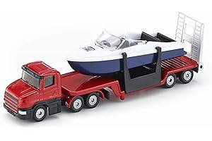 Siku 1613, Laweta niskopodwoziowa z łódką, Metal,Tworzywo sztuczne, Czerwony, Niebieski,Biały, Rozkładany podjazd, Łódź pływająca