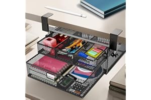 SH-RuiDu Clamp-On Under Desk Drawer, 2-Tier Slide-Out Drawer Organizer, Space-saving Mesh Metal Storage Drawer for Office Supplies and Home Essentials - Black 26.2x21.5x13.5cm
