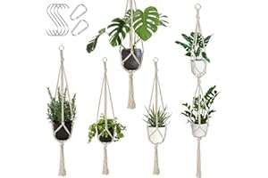 AUCKPURE Macramee - Juego de 5 macetas colgantes para colgar, cuerda de algodón, color beige, macetero colgante para plantas, macetero colgante para interior, exterior, jardín, ventana, salón (3 tamaños)