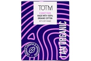 TOTM 100% Organic Cotton Night Pads with Triple-Layer Protection - Pack of 8 Breathable Period Care with Secure Wings & Waterproof Backing | Sanitary Towels for Overnight Protection