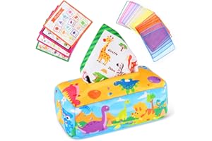 Vicloon Baby Tissue Box Toy, Soft Stuffed High Contrast Crinkle Montessori Square Sensory Toys include Colorful Scarves, Montessori Sensory Early Learning Toys for 6-24 Months Baby