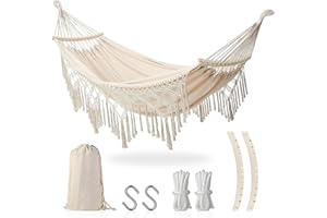 VCUMTER Hamaca Jardin Silla Colgante Exterior Hamaca Colgante Boho con Flecos und Bolsa y Travesaño, Hamacas Colgantes de Carga 440lbs, Hamacas Jardin Portátil para Exterior Interior Balcón Patio (Beige)