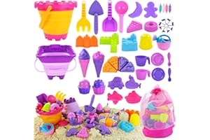 Elovien Beach Sand Toys, 50Pcs Sandpit Toys with 2 Collapsible Buckets and Spade, Mesh Backpack Bag, Ice Cream, Cake & Castle Sand Molds, Summer Outdoor Travel Toys for Kids Toddlers Girls