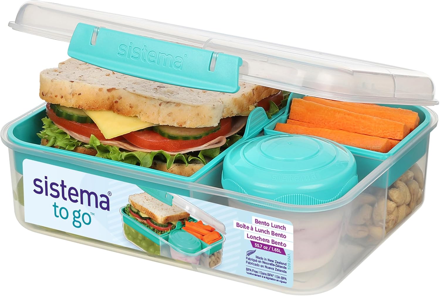 Sistema Bento Box Lunch, Bento School Lunch Box with Compartments, 1.65 L, Food Storage Container in Minty Teal, 1 Count