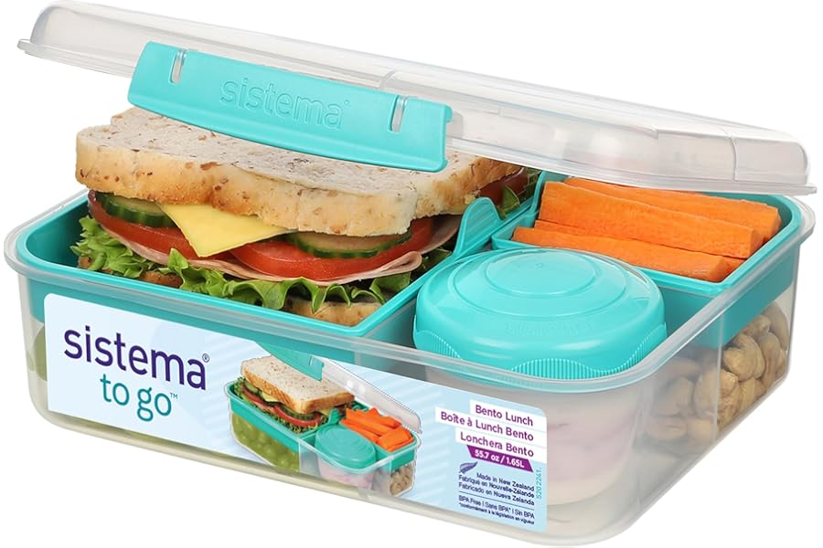 Sistema Bento Box Lunch, Bento School Lunch Box with Compartments, 1.65 L, Food Storage Container in Minty Teal, 1 Count