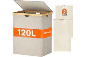 Lifewit 120L Grande Cesto Ropa Sucia con Tapa de Bambú, Cesta Ropa Sucia con Asas, Cubo Ropa Sucia Plegable con 2 Secciones y Bolsa Lavable Extraíble, Laundry Basket para Baño, Lavadero, Beige