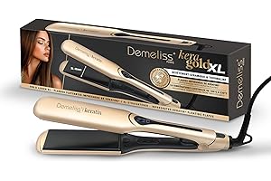 Demeliss Saint Algue Lisseur Kera-GOLD XL - Plaques Larges Kératine - 14 Températures - Écran Digital - Cordon Rotatif 360° - Lissage Professionnel - Adapté à Tous Cheveux - Écran Digital