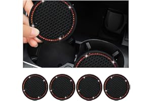 Dickno 4-Pack Bling Car Coaster, 2.75 Inch Crystal Rhinestone Auto Cup Holder Insert, Anti-Slip Durable Car Drink Mat, Universal Vehicle Interior Decor Accessories (Black & Red)