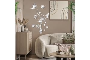 Shackcom Miroir Stickers Muraux Miroirs Décoratif Acrylique Adhésif Autocollant Mural Amovible DIY Décoration pour Maison Chambre Salon Décor- Vase et Papillon Argent