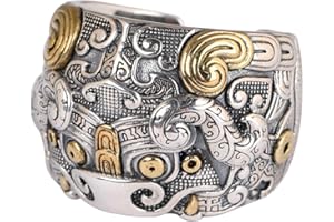 FORFOX Anello aperto TAOTIE animale mitico cinese in argento sterling 925 bicolore per uomo regolabile