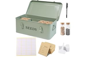 Gzsekken Seed Storage Box, Metal Seed Organiser with Safety Lock, 4 Compartment Garden Seeds Packet Container with 1 Pen, 12 Slots, 20 Labels & 30 Plant Envelopes, Heavy Duty Tin Gardening Gifts