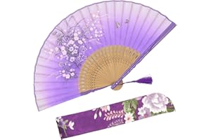 OMyTea - 'Grassflower', Faltbarer Handfächer für Frauen. Japanischer/ Chinesischer Retrostil. Mit Schutzbeutel aus Stoff. violett