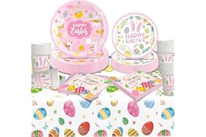 FORFAMY Décoration Pâques Vaisselle Lapin de Fête Ensemble Paques Assiette Carton Gobelet Serviette en Papier Nappe Filles Garçons Happy Easter Cadeau Anniversaire 24 Invité