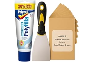 Polycell Wall Repair Bundle with Polyfilla Ready Mixed, Amara 3" Paint Scraper, and 10pcs Sandpaper for Wood & Walls – Multi-Purpose Poly Filler & Wall Filler Ready Mixed for Holes & Surface Prep