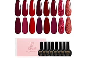 ROSALIND Esmaltes Semipermanentes para Uñas Rojo, 8 Piezas 10ML Burdeos Claro Brillante Rojo Pintauñas Gel, UV/LED Pintauñas Semipermanentes para Principiantes Nail Art Regalo